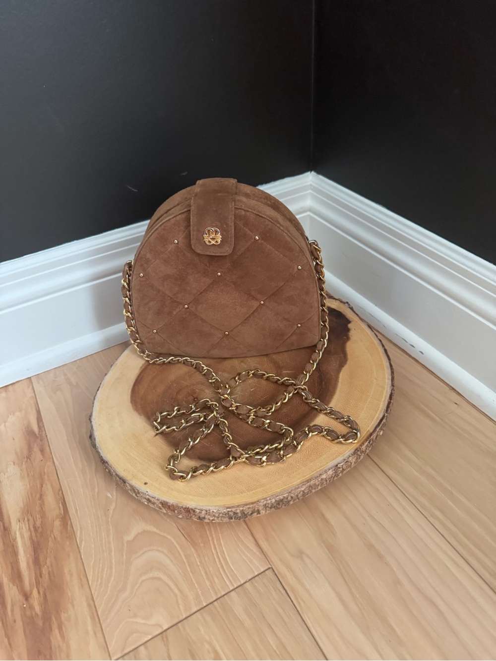 Brown Suede Quilted Crossbody Bag with Gold Chain